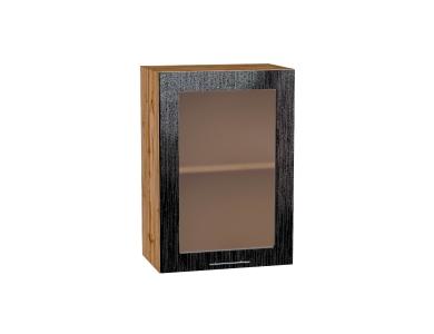 Шкаф верхний со стеклом Валерия-М 500 Чёрный металлик дождь / Дуб Вотан