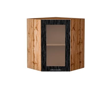 Шкаф верхний угловой со стеклом Валерия-М 590 Чёрный металлик дождь / Дуб Вотан