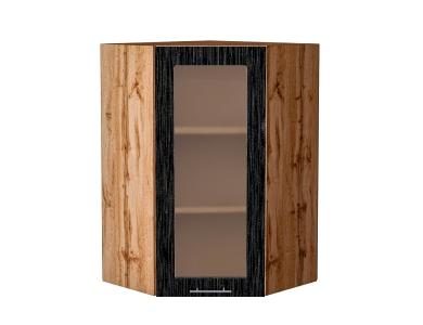 Шкаф верхний угловой со стеклом Валерия-М 590Н Чёрный металлик дождь / Дуб Вотан