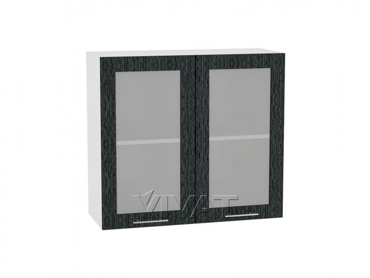 Шкаф верхний со стеклом Валерия-М 800 Чёрный металлик дождь / Белый