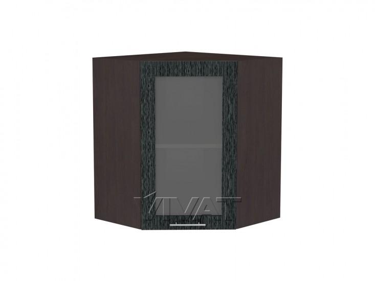 Шкаф верхний угловой со стеклом Валерия-М 590 Чёрный металлик дождь / Венге