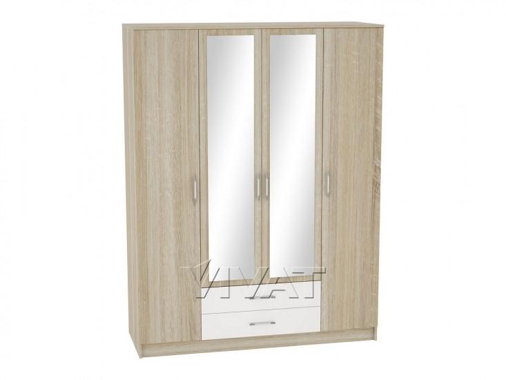 Шкаф 4-х створчатый Сопрано ШК-224 с зеркалами и 2-мя ящиками Белый глянец/Дуб Сонома
