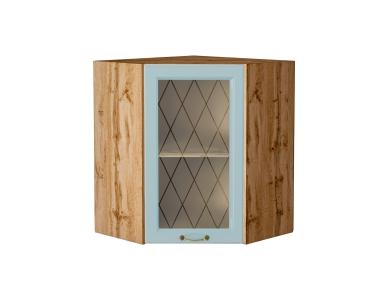 Шкаф верхний угловой со стеклом Ницца 590 Голубой / Дуб Вотан