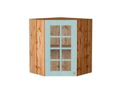 Шкаф верхний угловой со стеклом Прованс 590 Голубой / Дуб Вотан