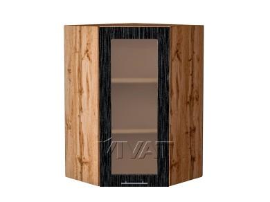 Шкаф верхний угловой со стеклом Валерия-М 590Н Чёрный металлик дождь / Дуб Вотан