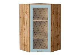Шкаф верхний угловой со стеклом Ницца 590Н Голубой / Дуб Вотан